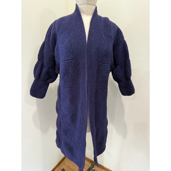 Handmade Sweaters - Vintage Crochet Sweater Granny Boho Duster Women's XS- M Navy Knit
